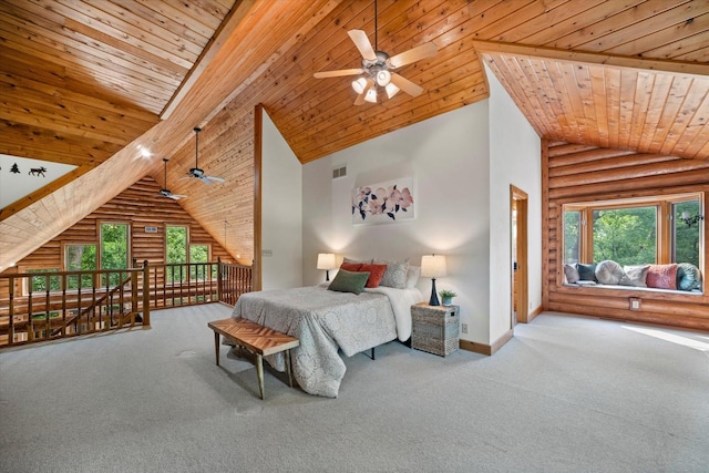 5633 Contour Rd, Waterford, WI 53185 - bedroom featuring carpet floors, log walls, high vaulted ceiling, wooden ceiling, and access to exterior