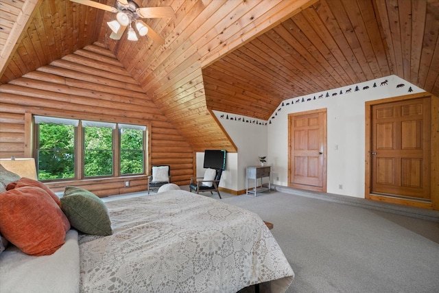 5633 Contour Rd, Waterford, WI 53185 - carpeted bedroom featuring lofted ceiling, wooden ceiling, and log walls