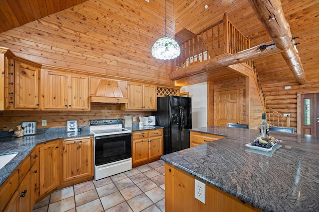 5633 Contour Rd, Waterford, WI 53185 - kitchen with electric range oven, black fridge with ice dispenser, premium range hood, high vaulted ceiling, and wood ceiling