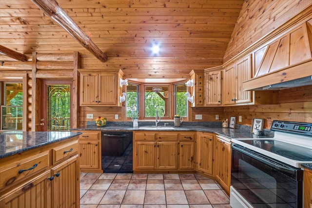 5633 Contour Rd, Waterford, WI 53185 - kitchen featuring black appliances, wood ceiling, custom range hood, vaulted ceiling, and light tile patterned flooring