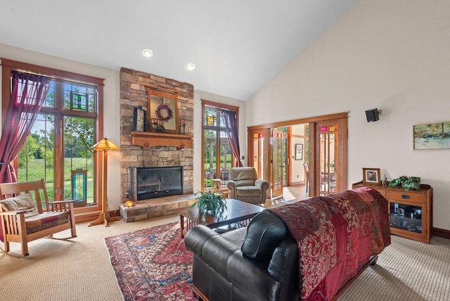 4570 Stoney Creek Rd, West Bend, WI 53095 - living area featuring carpet, high vaulted ceiling, and a fireplace