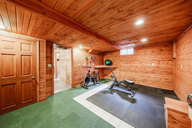 14240 Radiant Ct, Brookfield, WI 53005 - exercise area featuring wooden ceiling, wooden walls, and carpet flooring