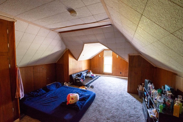 2110 54th St, Kenosha, WI 53140 - bedroom featuring carpet, wood walls, and vaulted ceiling