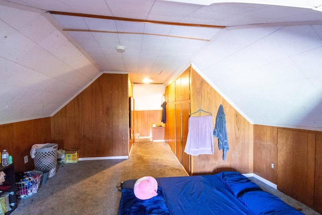 2110 54th St, Kenosha, WI 53140 - carpeted bedroom featuring wood walls and lofted ceiling