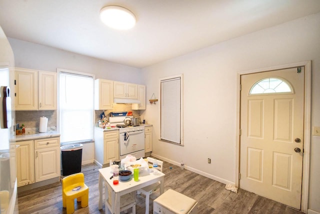 2110 54th St, Kenosha, WI 53140 - kitchen featuring white appliances, dark wood finished floors, light countertops, tasteful backsplash, and under cabinet range hood