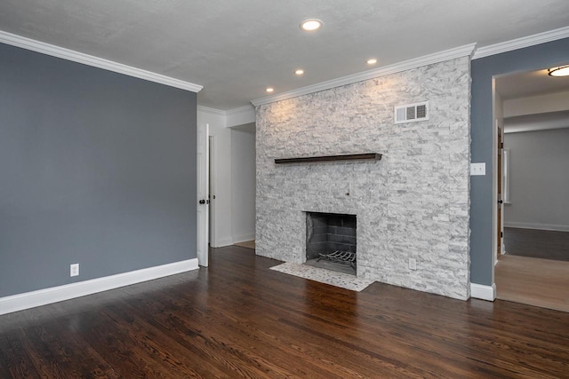 1120 N 124th St, Wauwatosa, WI 53226 - unfurnished living room with a stone fireplace, wood finished floors, ornamental molding, and recessed lighting