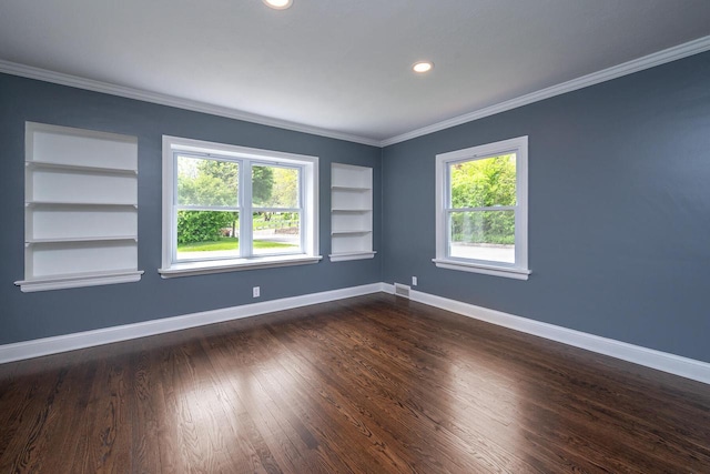 1120 N 124th St, Wauwatosa, WI 53226 - unfurnished room featuring built in shelves, crown molding, dark wood-style floors, and recessed lighting