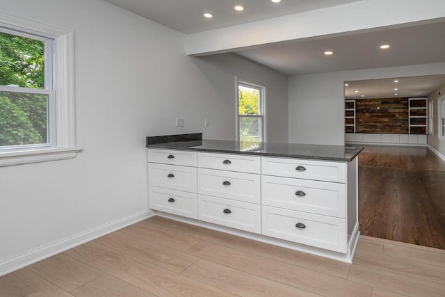 1120 N 124th St, Wauwatosa, WI 53226 - kitchen featuring a peninsula, light wood-style flooring, white cabinetry, dark stone countertops, and recessed lighting