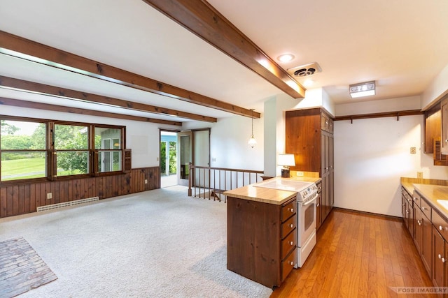 1813 Countryside Dr, Middleton, WI 53562 - kitchen featuring white range with electric stovetop, a peninsula, beam ceiling, baseboard heating, and brown cabinetry