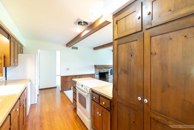 1813 Countryside Dr, Middleton, WI 53562 - kitchen with white range with electric cooktop, beam ceiling, a wainscoted wall, light wood-style floors, and a brick fireplace