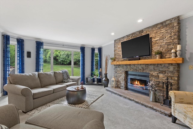 N80W32229 Northbrook Ct, Hartland, WI 53029 - carpeted living area featuring crown molding, a fireplace, and recessed lighting