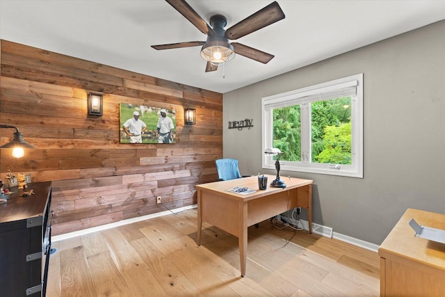 N80W32229 Northbrook Ct, Hartland, WI 53029 - office area with ceiling fan, wooden walls, and light wood-type flooring
