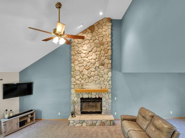 26317 Dukleth Dr, Waterford, WI 53185 - living area featuring carpet flooring, a ceiling fan, a fireplace, and high vaulted ceiling
