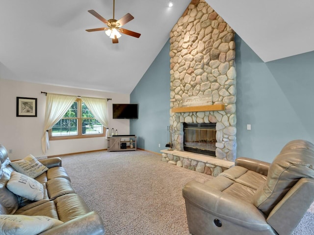 26317 Dukleth Dr, Waterford, WI 53185 - living room featuring a ceiling fan, a stone fireplace, carpet, and high vaulted ceiling