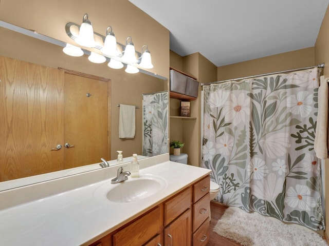 26317 Dukleth Dr, Waterford, WI 53185 - bathroom with vanity, wood finished floors, and a shower with shower curtain