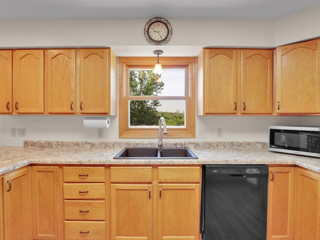26317 Dukleth Dr, Waterford, WI 53185 - kitchen with dishwasher, stainless steel microwave, light countertops, and decorative light fixtures