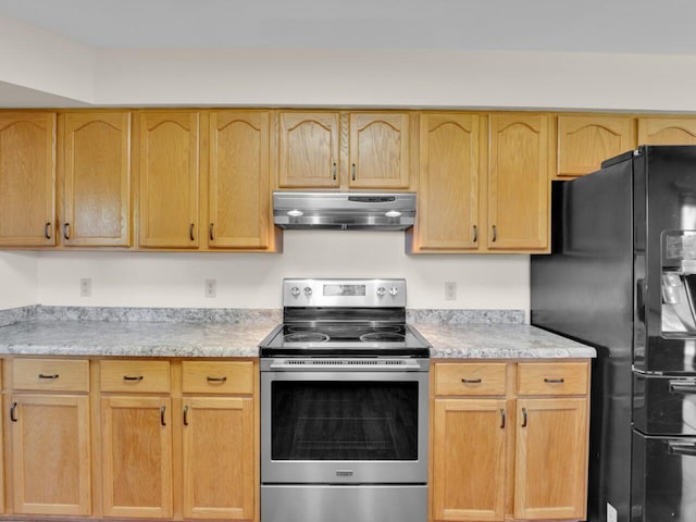 26317 Dukleth Dr, Waterford, WI 53185 - kitchen with stainless steel electric range, under cabinet range hood, freestanding refrigerator, and light brown cabinetry