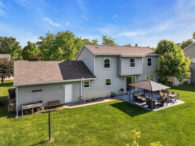 26317 Dukleth Dr, Waterford, WI 53185 - rear view of property with a patio area, an outdoor hangout area, a yard, a shingled roof, and a gazebo