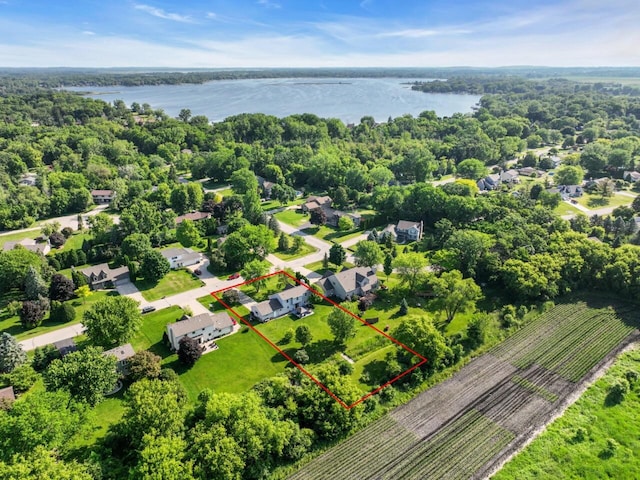 26317 Dukleth Dr, Waterford, WI 53185 - aerial view of property and surrounding area featuring a large body of water and property boundaries highlighted
