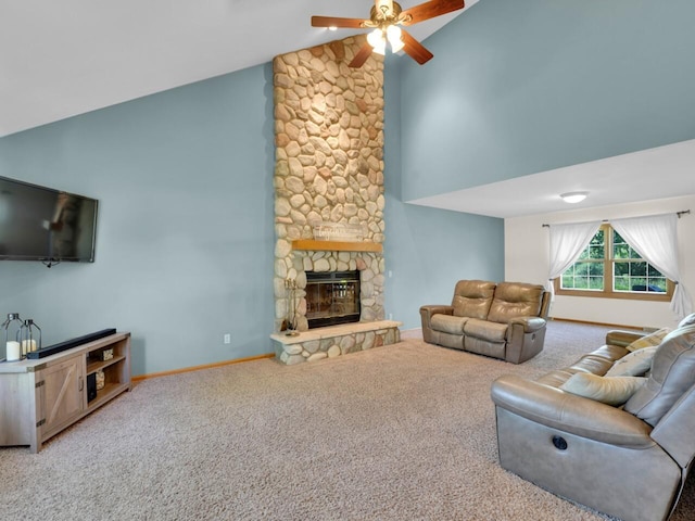 26317 Dukleth Dr, Waterford, WI 53185 - carpeted living room featuring high vaulted ceiling, ceiling fan, and a fireplace