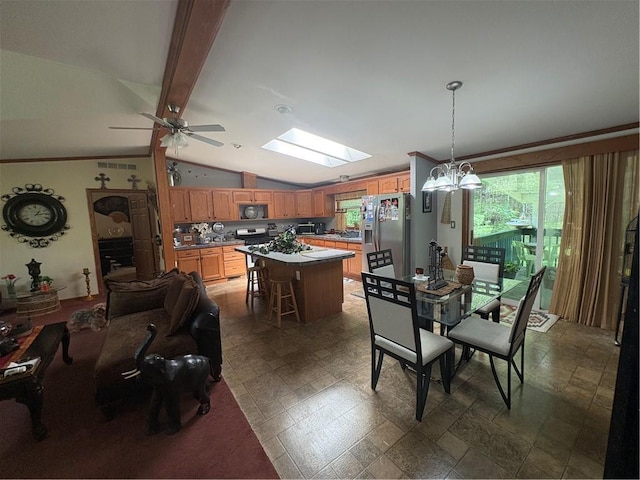 733 W Old Highway 54, Pittsville, WI 54466 - dining area featuring a skylight, a ceiling fan, and a chandelier