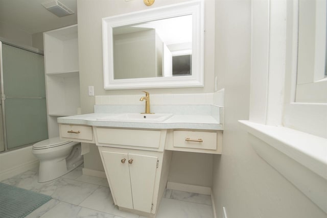 4201 Janick Cir, Stevens Point, WI 54481 - full bathroom featuring marble look tiles, an enclosed shower, and vanity