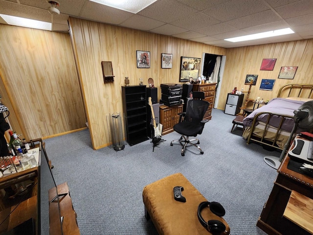584 N Wisconsin St, Berlin, WI 54923 - bedroom featuring a desk, carpet, a drop ceiling, and wood walls