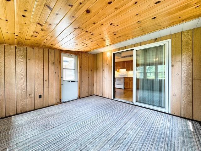 2709 Richard St, Marinette, WI 54143 - spare room featuring wooden ceiling, wooden walls, and carpet