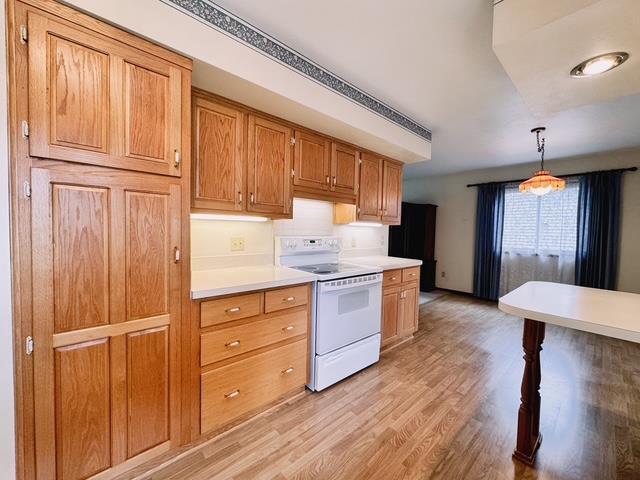2709 Richard St, Marinette, WI 54143 - kitchen featuring electric range, light countertops, light wood-style flooring, and hanging light fixtures