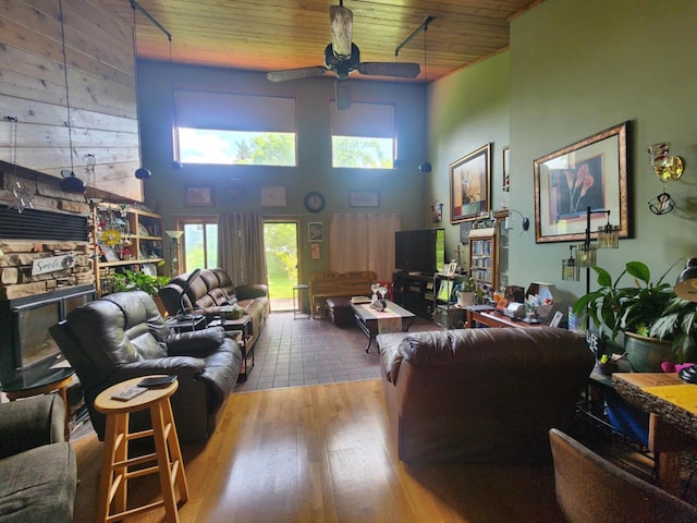 221 S Schmidt Ave, Marshfield, WI 54449 - living room with ceiling fan, a high ceiling, wood finished floors, and wood ceiling