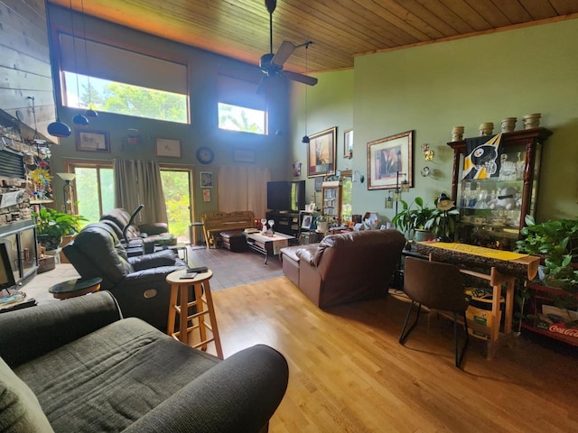 221 S Schmidt Ave, Marshfield, WI 54449 - living area featuring a ceiling fan, wood finished floors, wood ceiling, and a towering ceiling