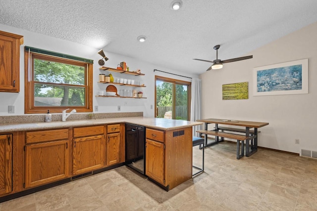 1001 W Taylor St, Appleton, WI 54914 - kitchen with black dishwasher, a peninsula, healthy amount of natural light, a textured ceiling, and brown cabinets