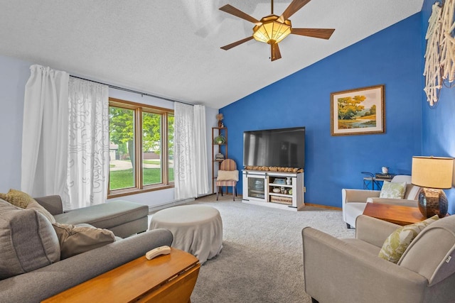 1001 W Taylor St, Appleton, WI 54914 - carpeted living area with lofted ceiling, a ceiling fan, and a textured ceiling