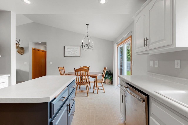 2847 Virgo Rd, Green Bay, WI 54311 - kitchen with dishwasher, white cabinets, vaulted ceiling, light countertops, and recessed lighting