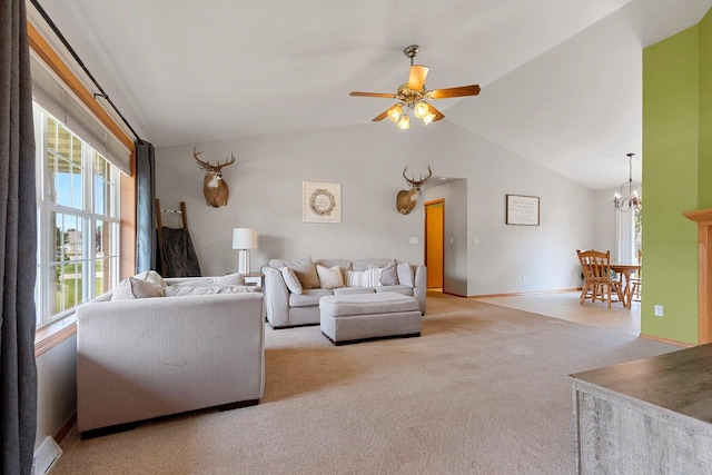 2847 Virgo Rd, Green Bay, WI 54311 - living area with carpet, a chandelier, lofted ceiling, and ceiling fan