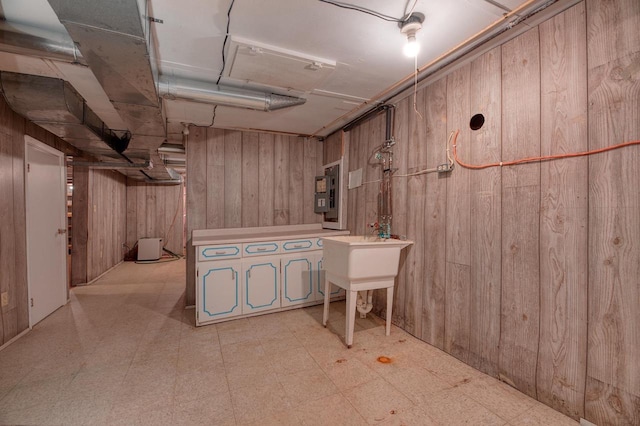 9315 N Shore Dr, Harshaw, WI 54529 - below grade area with light floors, electric panel, and wood walls