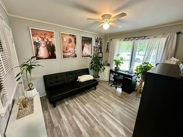 5510 W Luebbe Ln, Milwaukee, WI 53223 - living room with an office area, ceiling fan, crown molding, and light wood-style floors