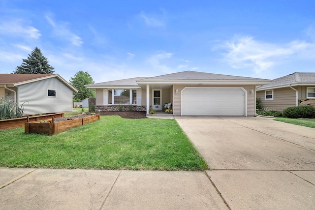 7939 32nd Ave, Kenosha, WI 53144 - ranch-style house with a vegetable garden, a garage, a front lawn, and concrete driveway