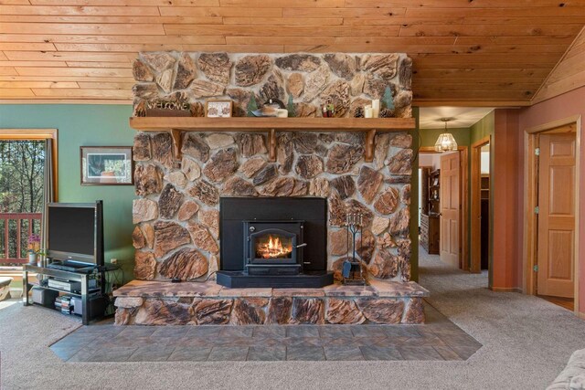W11686 Buttercup Ave, Hancock, WI 54943 - detailed view of wood ceiling, carpet floors, and a fireplace