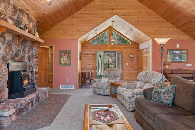 W11686 Buttercup Ave, Hancock, WI 54943 - carpeted living room with wooden walls, wooden ceiling, and high vaulted ceiling