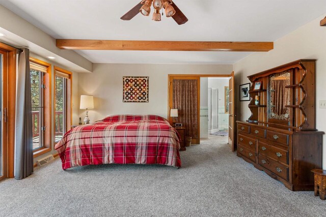 W11686 Buttercup Ave, Hancock, WI 54943 - bedroom with carpet, beamed ceiling, access to exterior, ensuite bathroom, and a ceiling fan