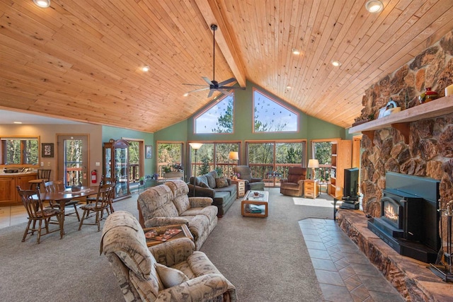 W11686 Buttercup Ave, Hancock, WI 54943 - living area with light colored carpet, recessed lighting, a wood ceiling with exposed beams, high vaulted ceiling, and ceiling fan