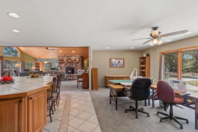 W11686 Buttercup Ave, Hancock, WI 54943 - office with light carpet, healthy amount of natural light, a ceiling fan, light tile patterned floors, and recessed lighting