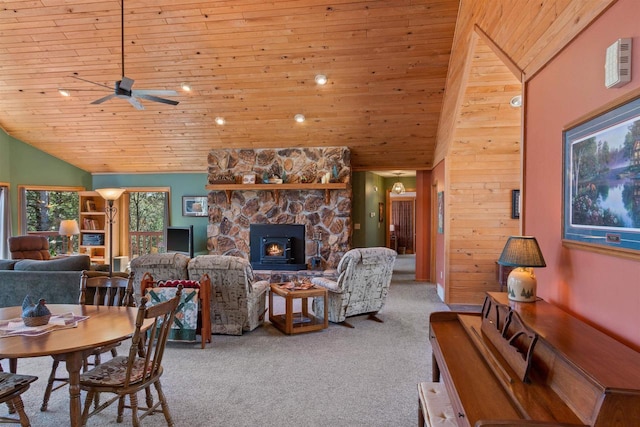W11686 Buttercup Ave, Hancock, WI 54943 - carpeted living area with wooden ceiling, lofted ceiling, and a ceiling fan