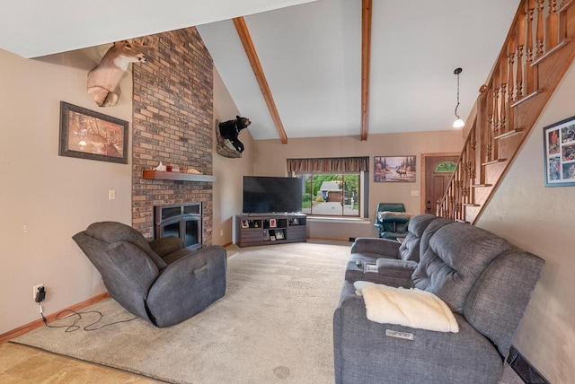 3987 Elaines Way, Slinger, WI 53086 - living room with stairway, beam ceiling, a fireplace, and high vaulted ceiling
