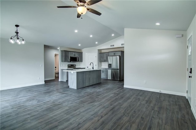 1688 Dorret Rd, Eau Claire, WI 54703 - kitchen featuring open floor plan, appliances with stainless steel finishes, a kitchen island with sink, light countertops, and ceiling fan