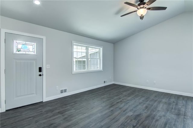 1688 Dorret Rd, Eau Claire, WI 54703 - entryway featuring dark wood-style flooring, a ceiling fan, recessed lighting, and vaulted ceiling