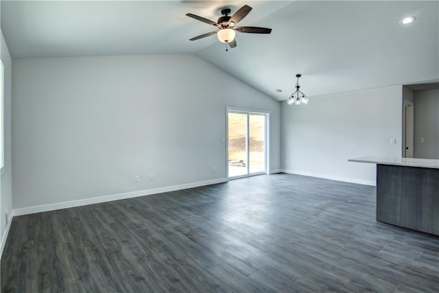 1688 Dorret Rd, Eau Claire, WI 54703 - unfurnished living room with a chandelier, ceiling fan, vaulted ceiling, dark wood-type flooring, and recessed lighting