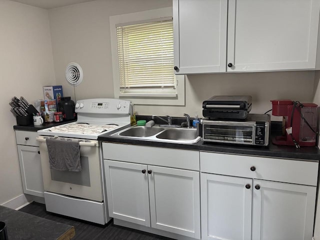 1501 N Summit St, Appleton, WI 54914 - kitchen with white range with electric cooktop, white cabinets, dark countertops, and dark wood-style floors