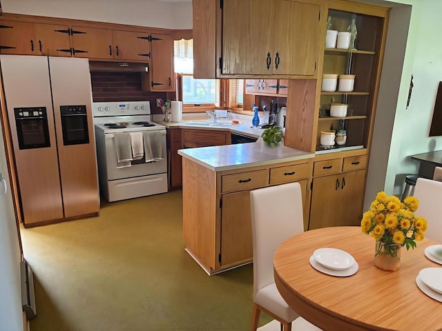 9035 W Burdick Ave, Milwaukee, WI 53227 - kitchen with white electric range oven, stainless steel fridge with ice dispenser, open shelves, a peninsula, and light countertops